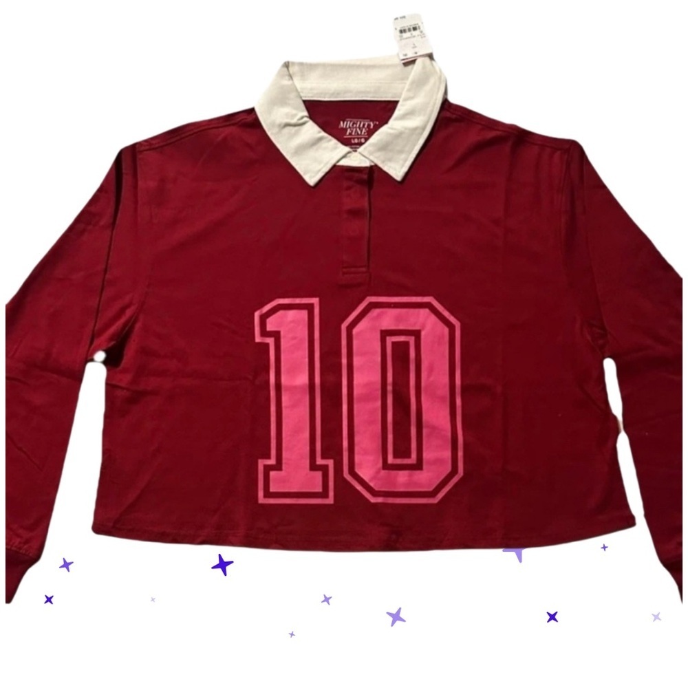 New-Large preppy Varsity style
Long sleeve soft polo
Number 10 Crop style top